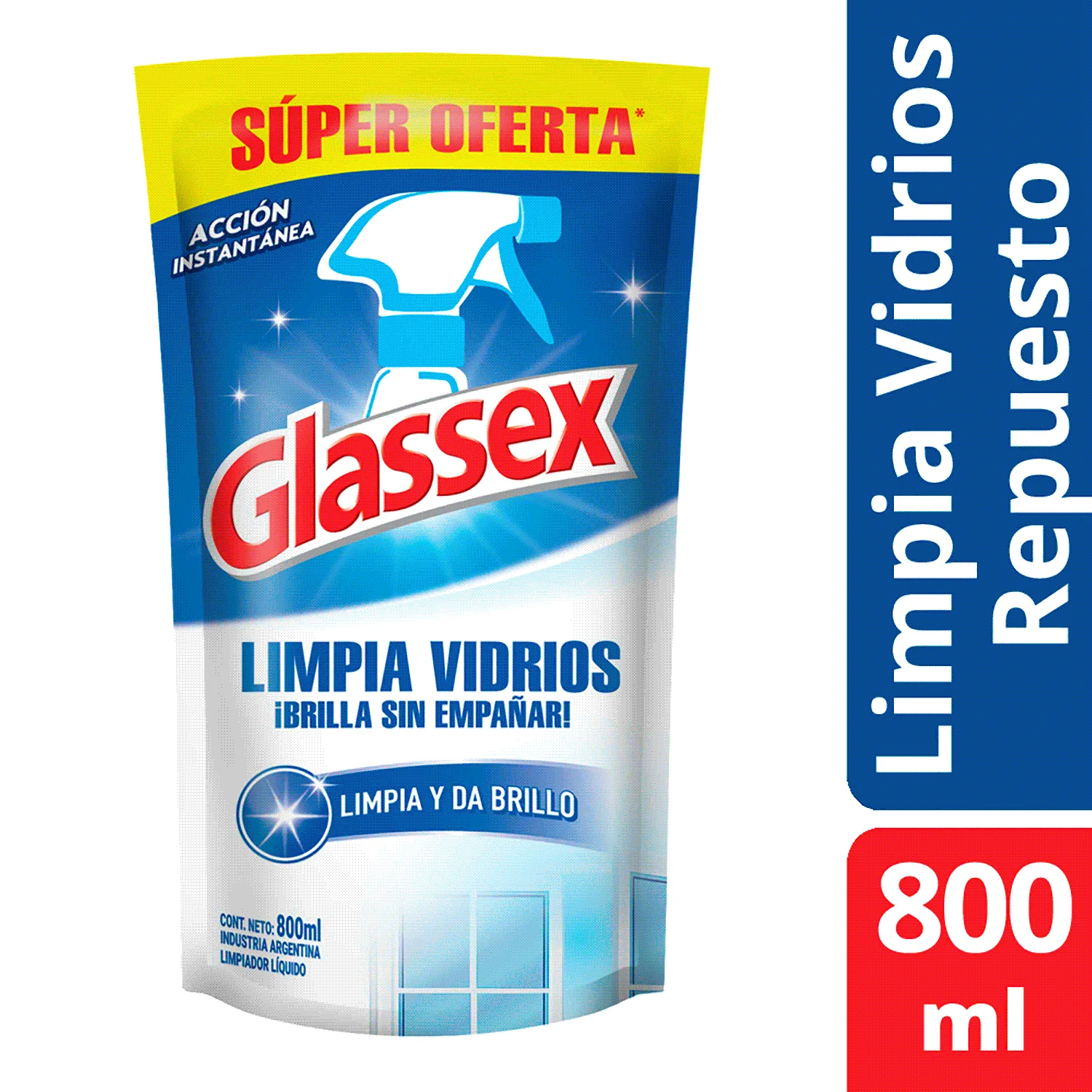 LIMPIA VIDRIOS 800CC GLASSEX CRISTAL RECARGA DOYPACK