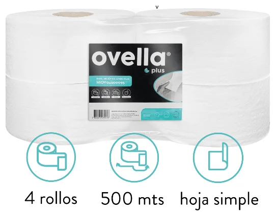 PACK 4 PAPEL HIGIENICO JUMBO 500MT 1HOJA OVELLA