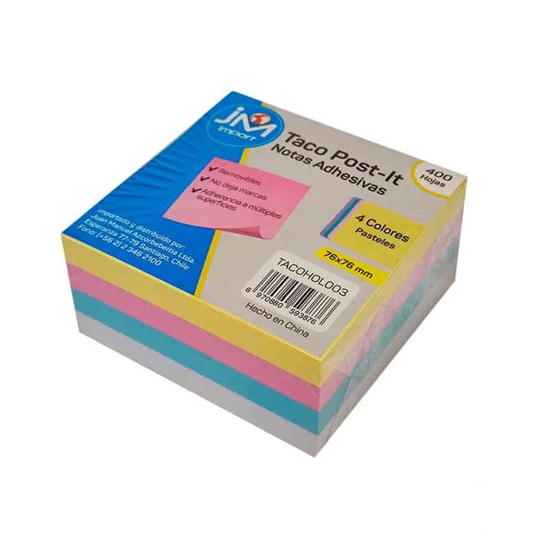 POST IT CUBO 75 X 75 PASTEL 4COL 400HJS JM
