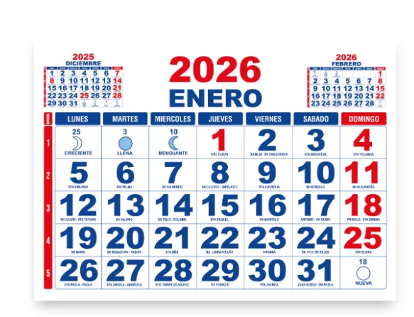 CALENDARIO 2026 MURAL 12 MESES 37 X 27 cm